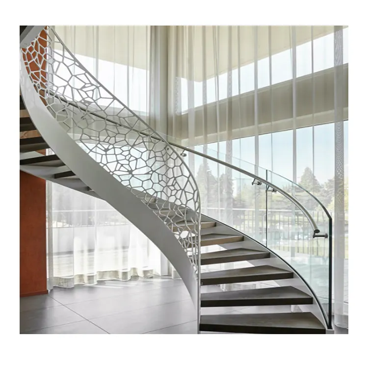 Interior Curved Stair Glass Railing Stairs Stainless Commercial Indoor Solid Wood Arc Staircase