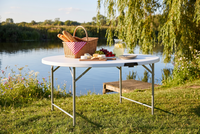 Table ronde pliante LuckyOct 5FT, demi-pli, HDPE, 152 x 74 cm, blanche, pour extérieur/intérieur, banquet, événement, imperméable