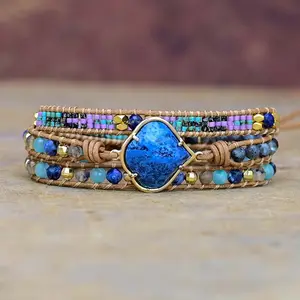 Healing Blue-veins Stone Wrap Bracelet Irregular Pendant Leather 3 Layers Healing Crystal Bracelet Wholesale Drop-shipping