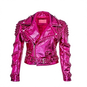 <b>Pink</b> Studded Leather Moto <b>Jacket</b> Men Slim Fit Turn-down Collar Zipper Closure Plus Size Autumn Fashion - Product Image 1
