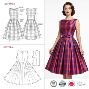 Vestido de fieltro a cuadros estilo Audrey Hepburn, morado y naranja, vintage retro de los años 50, con lazo en la cintura. - Product Image 1