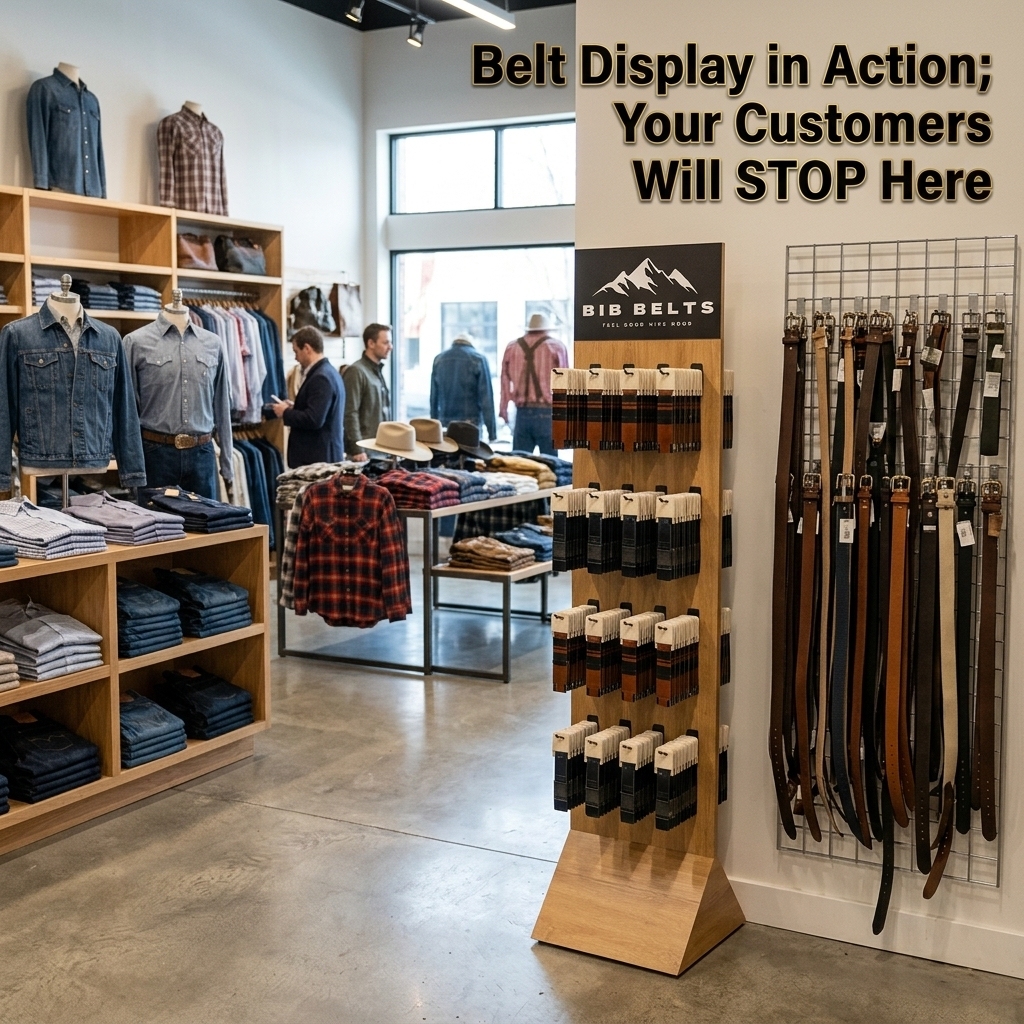 Custom Clothing Floor Standing Wooden Belt Display Rack Rotating Accessory Stand for Shop Leather Belt Display Stand with Hooks — view 2