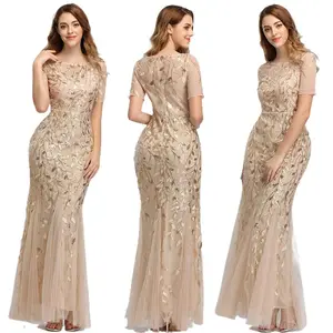 Customization Banquet Designer Slim Fit Short Sleeves Sequins Evening Dress Custom Made Party Dress For Women