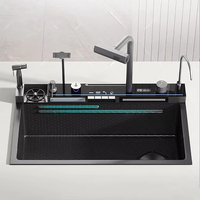 Nouvelle arrivée : Évier de cuisine intelligent moderne en acier inoxydable, évier simple, robinet pivotant extractible, lave-gobelets, support pour téléphone portable