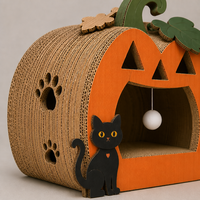 Maison pour chat en carton ondulé en forme de citrouille d'Halloween, griffoir et décoration découpée pour chat
