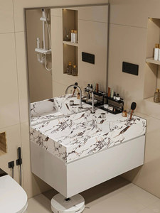 Meuble-lavabo mural moderne avec miroir sans cadre, vasque en céramique, design minimaliste, portes à fermeture douce - Product Image 4