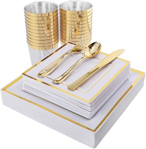 150PCS Gold Square Plates and Plastic Silverware set Includes dinner plates/dessert plate/tumblers/forks/knives/spoons
