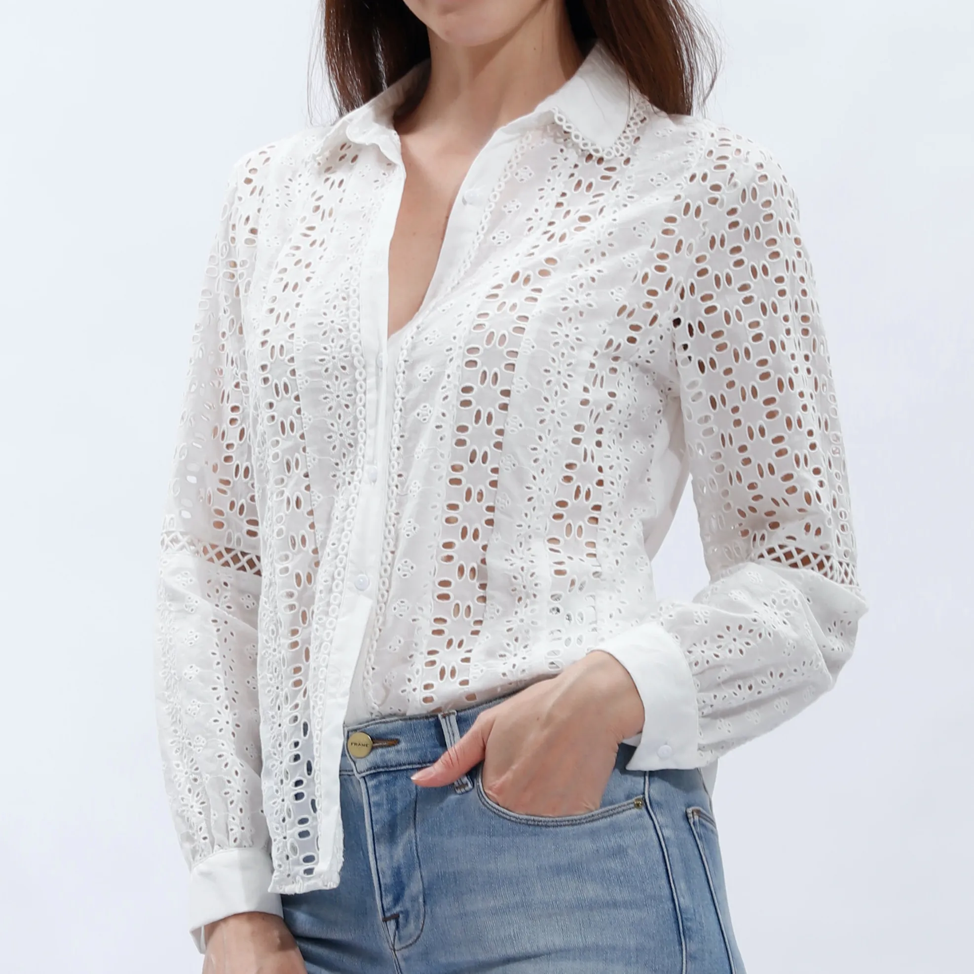 Women Solid Lace Embroidery Elegant Blouse Long Sleeve Casual Shirt for Daily