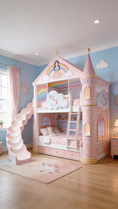 Letto a Castello <span class=keywords><strong>Unicorno</strong></span> Stile Principessa Francese Rosa, Letto Matrimoniale Madre-Figlia con Scivolo e Contenitore per Ragazze, Multifunzionale - Product Image 6