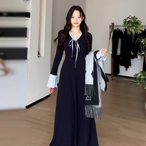 Petite Women Elegant Long Sleeve Dress Navy Blue <b>Tie</b> <b>Neck</b> Contrast Color Block Waist Cinching Daily Casual Dress - Product Image 3