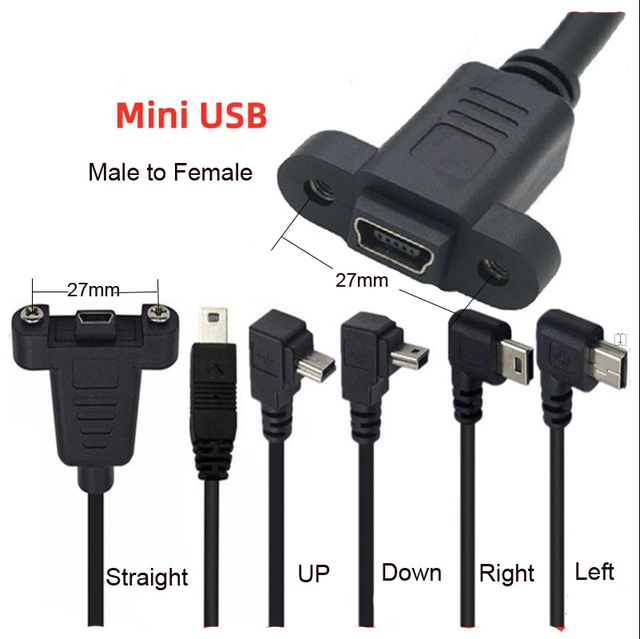 Wholesale Black Panel Mount Type Mini USB B 2.0 5Pin Male to Female Extension Cable with Screws 50cm