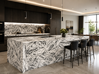 Dalles de marbre blanc Phoenix pour îlots de cuisine, éviers sur pied, escaliers, buffets en pierre et panneaux muraux décoratifs à motifs.