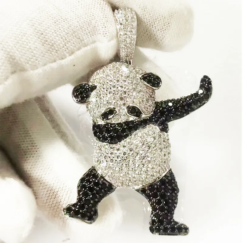 Jasen Hot Selling 925 sterling Silver Iced Out Hip Hop Black Zircon Stones Bear Panda Pendant Necklace