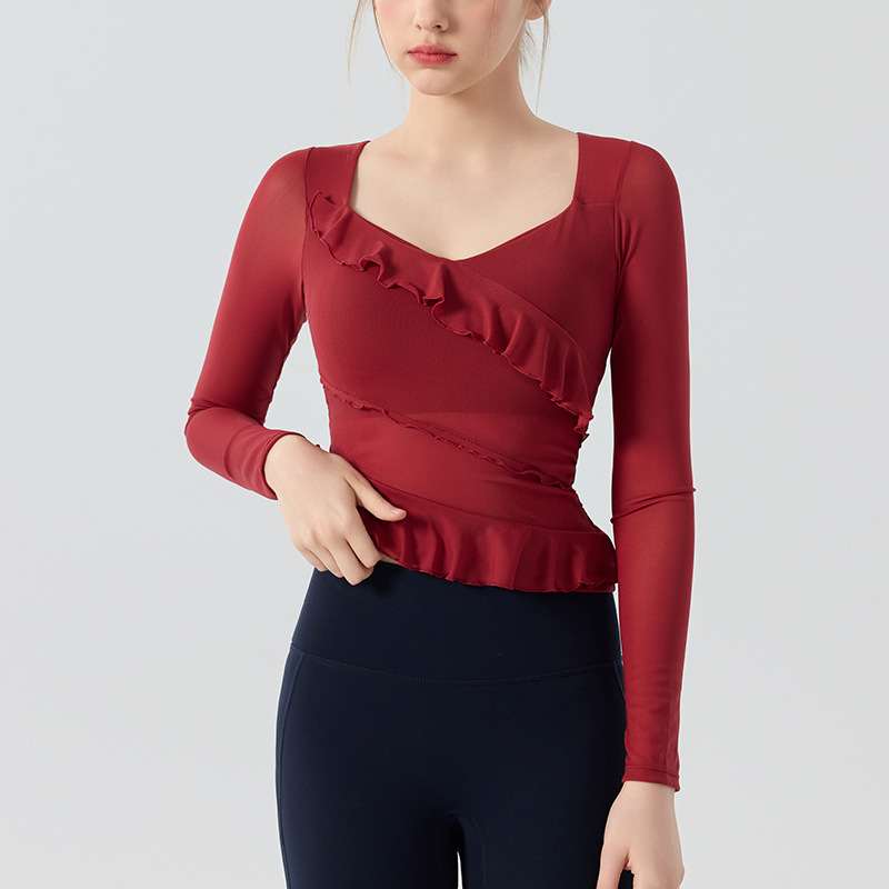 Ruffled Yoga Top Nine Quarter Sleeve Women's Slim-Fit Breathable Irregular Sexy Mesh Sports Top with Chest Pads Pilates