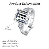 Bague de mariage classique en argent sterling 925 avec émeraude D couleur Moissanite avec certificat GRA bijoux pour femmes 4ct