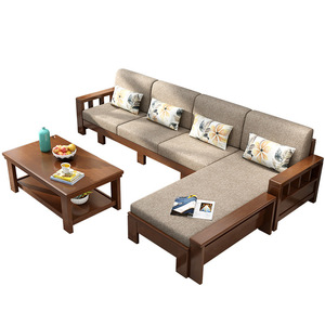 Nordic Solid Wood <b>Sofa</b> Set L Shape Fabric Upholstered Corner <b>Sofa</b> For <b>Small</b> Apartment Living Room Furniture Rubber Wood Frame - Product Image 3