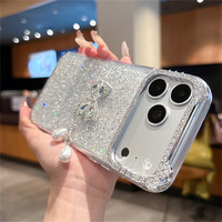 Coque de téléphone de luxe scintillante avec nœud, perles et pendentif pour iPhone 18 17 Pro Max 16 15 14 13, avec cordon perlé et strass oreilles de chat