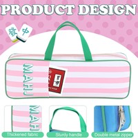 Bolsa de Almacenamiento para Fichas de Mahjong Oxford Azul Claro, con Ribete y Asas Rosas, Letras MAHJ Verticales, Bolsillo Frontal