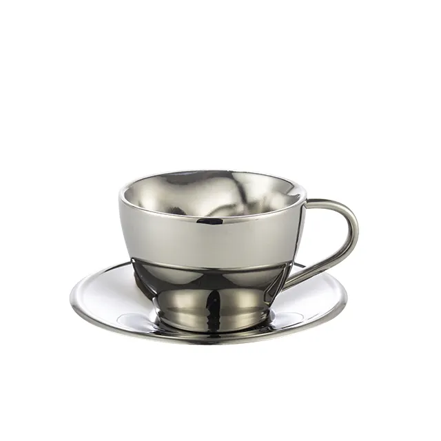 Small Size Double Wall Insulated Tea Cup 304 Stainless Steel Coffee Cup and Saucer Set