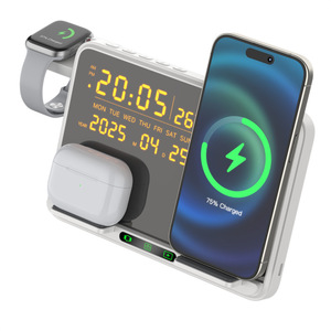 Chargeur sans fil multifonctionnel pliable 3 en 1 avec horloge et thermomètre, support de charge rapide à double bobine - Product Image 1