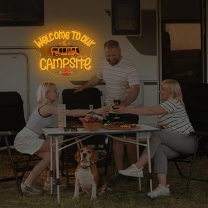 Enseigne néon LED 'Bienvenue à notre <span class=keywords><strong>camping</strong></span>' <span class=keywords><strong>pour</strong></span> décoration murale, <span class=keywords><strong>camping</strong></span>, caravane, chambre, toile de fond de fête, thème 'Happy Camper' - Product Image 1