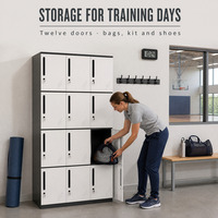 Casier en acier bicolore blanc et noir avec douze portes à poignées, rangement métallique pour vêtements de travail, sacs et chaussures