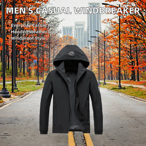 Men's Casual Stand Collar Windproof Digital Printed <b>Windbreaker</b> Jacket Zipper Closure <b>Black</b> Hooded 100% Polyester Finished - Product Image 2
