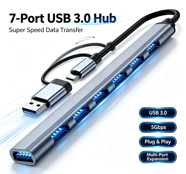 Bulk 7-Port USB Hub with 1 USB 3.0 6 USB 2.0 USB-C Ports Aluminum Alloy 5W Charge for Office/Desk PCs-in Stock