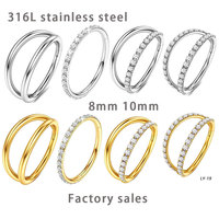 Anneaux de nez sans soudure en acier inoxydable à double bande pavée de zircone cubique 8/10 mm, anneaux de septum incrustés de pierres, bijoux de piercing multi-usages