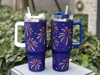 Tumbler Vakum Isolasi Stainless Steel 40oz Desain Berlian Bendera Amerika, Kembang Api, Batu Rhinestone, Petasan Patriotik