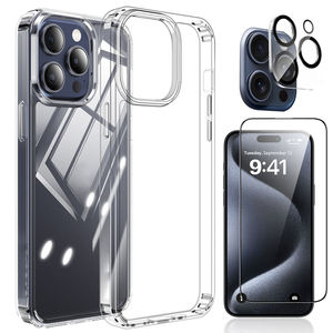 Coque de téléphone transparente 3 en 1 + protecteur d'objectif d'appareil photo + protecteur d'écran en verre trempé 9H pour Apple iPhone 15/ 14/ 13 Pro Max Plus - Product Image 1