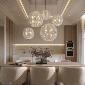 Lámpara colgante contemporánea de cristal con 5 bolas esféricas para villa, comedor, hotel, candelabro comercial - Product Image 6