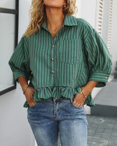 <span class=keywords><strong>Camicia</strong></span> da <span class=keywords><strong>donna</strong></span> autunnale a righe con orlo in pizzo, vestibilità ampia, <span class=keywords><strong>mezza</strong></span> <span class=keywords><strong>manica</strong></span>, colletto a risvolto, in poliestere elasticizzato a 4 vie - Product Image 2