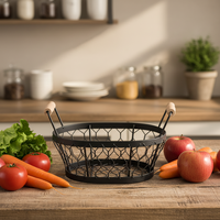 Panier de rangement en fil métallique noir artisanal avec poignées en bois, organisateur multifonctionnel pour fruits et légumes, pour la maison et la cuisine