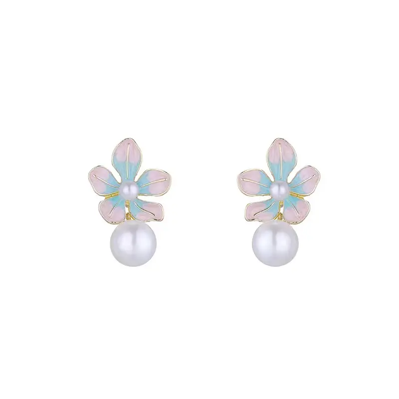 Fashion Pink Blue Enamel Colored Flower Pearl Pendant Earrings