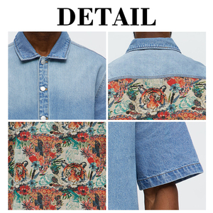 KINGSEN High Quality Men's 100% Cotton Washed Denim <b>Shirt</b> Tiger Floral Jacquard <b>Patchwork</b> Boxy Fit Short Sleeve Casual Top - Product Image 6