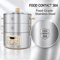 OEM 1600W 2 Tingkat Multifungsi Penghangat Makanan dengan Timer Tunda, Pengukus Makanan Rumah Tangga 15L, Pengukus Makanan Elektrik