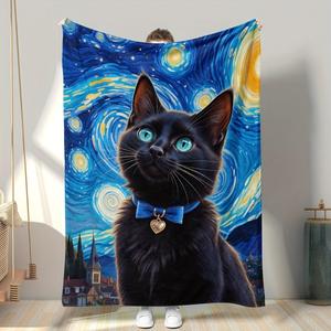 <b>Blue</b> Starry Night Cat Flannel Blanket <b>Throw</b> Blanket Nap Blanket Skin Friendly Reversible for Bedroom Living Room Custom Print - Product Image 1