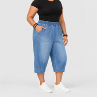 Pantalon Capri en Jean Bleu Grande Taille pour Femme, Taille Élastique, Ourlet Relevé, Coupe Ample, Taille US, OEM ODM