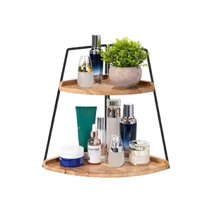 2-Tier Wood Countertop Vanity Shelf For Bathroom Cosmetic Storage And Decor Corner Bathroom Counter Organizer
