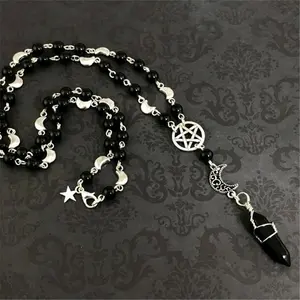 Gotik tespih kolye Pagan tespih tespihler siyah oniks Pentagram kolye boncuklu ticaret Goth kolye