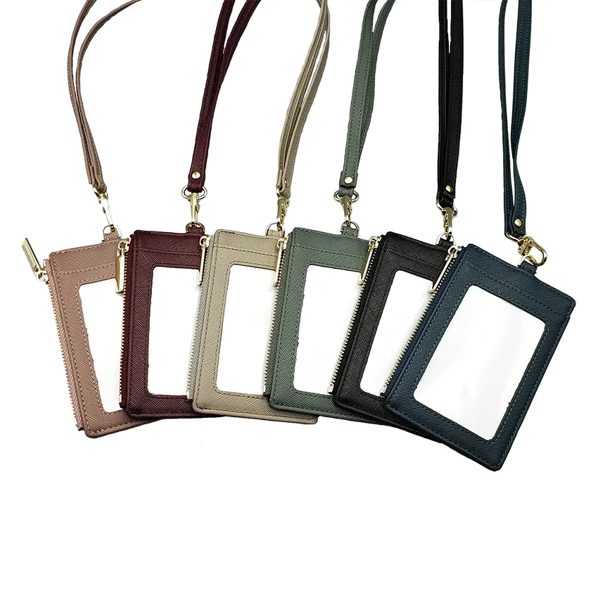 Customized Colorful Office PU Saffiano Leather Working Vertical ID Badge Card Holder Long Neck Strap Lanyard Card Holder for Job