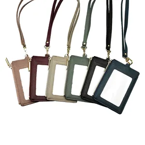 Customized Colorful Office PU Saffiano Leather Working Vertical ID Badge Card Holder Long Neck Strap Lanyard Card Holder for Job
