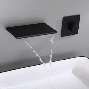 High quality Modern Matte Black Waterfall Wall Mount Single handle Solid Brass Bathroom Sink Faucet