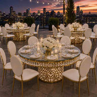 Luxuriöser Kristall-Gold Runder Esstisch Gehärtetes Glas Edelstahl-Sockel für Hochzeit Bankett Hotel Event