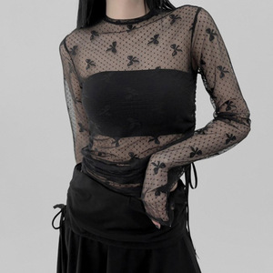 Kaos Jaring Hitam Elegan dan Ringan dengan Bordir Halus, Blus Wanita Lengan Panjang - Product Image 2