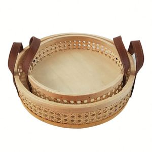 Oem & ODM có sẵn trực tiếp nhà sản xuất làm bằng tay mây + Lưu trữ bằng gỗ Giỏ bánh mì trái cây rau khay với da xử lý - Product Image 2