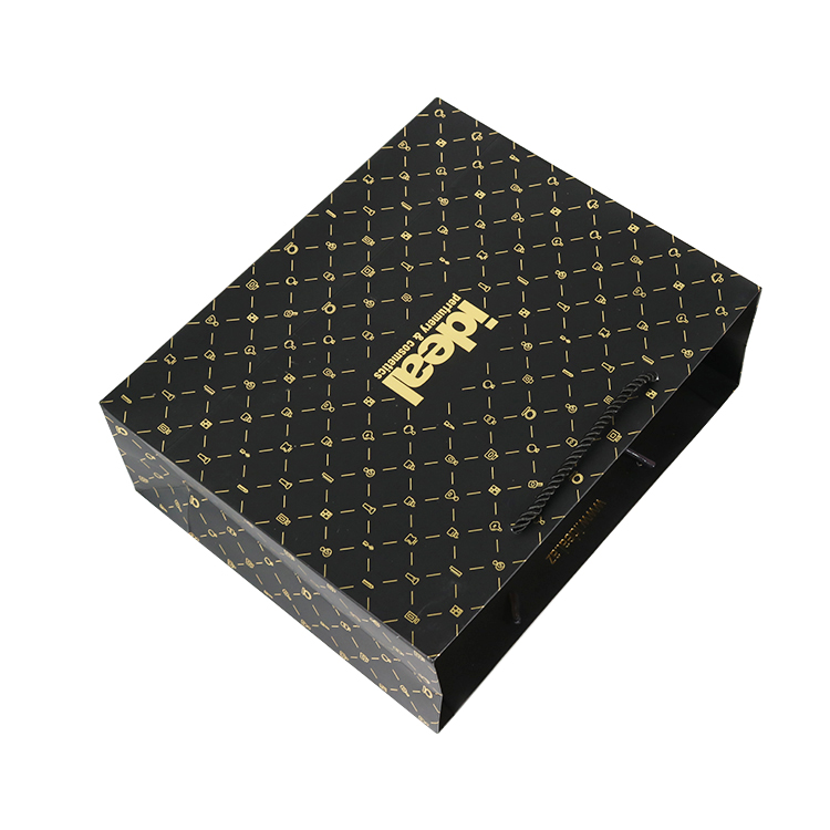 Custom Luxury Print Brand Logo Ribbon Bow Handles Foiled Gold Black Paper Bags