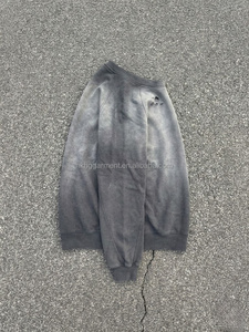 Sudadera de alta calidad con efecto acid wash para hombre, estilo retro con bloques de color, desgastada, con dobladillo deshilachado, cuello redondo, estilo vintage. - Product Image 3