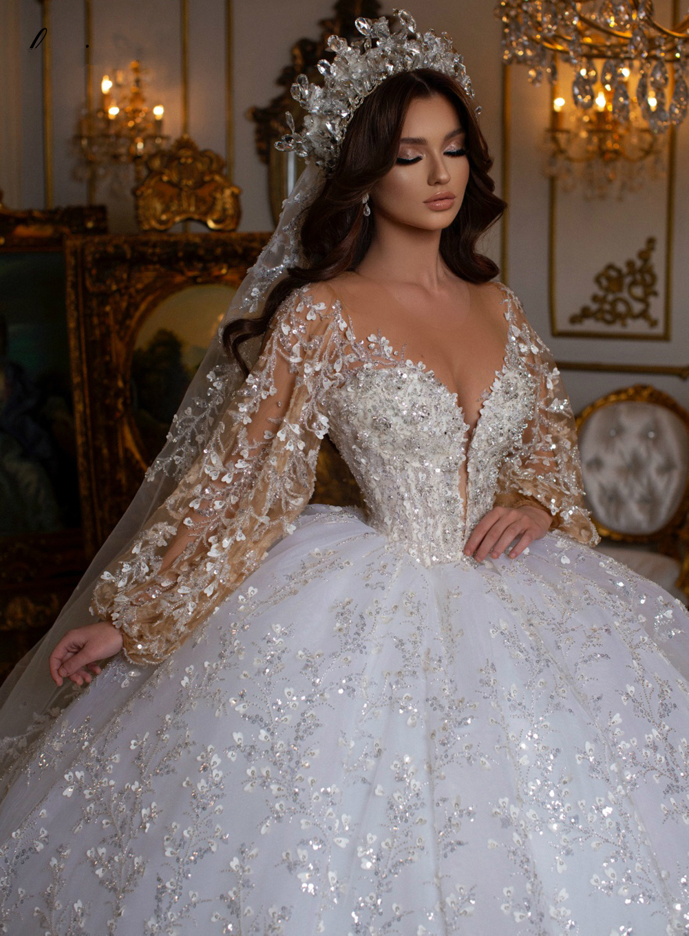 open lace back dress Luxury Princess Long Sleeve Glitter and Lace Fully Beaded Ball Gown Ivory / 100cm / 6 main image 1